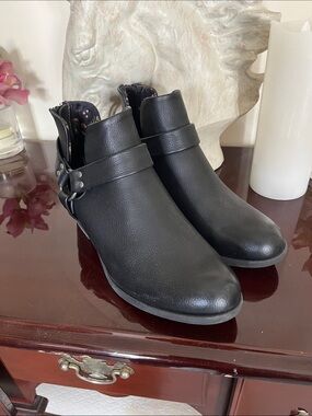 b.o.c. Black Leather-Look Ankle Booties with Strap Detail